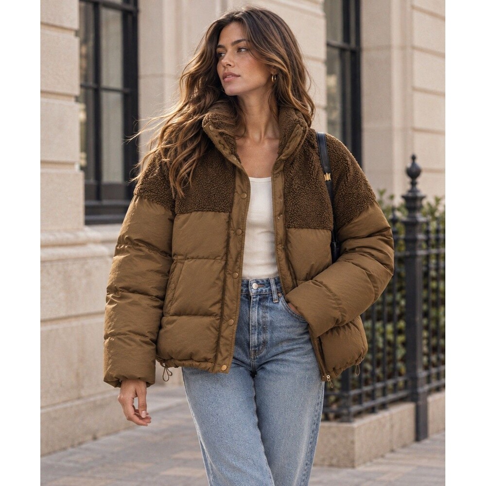 Good American sherpa puffer jacket mix cocoon sepia Brown women Sz 1/M gorpcore